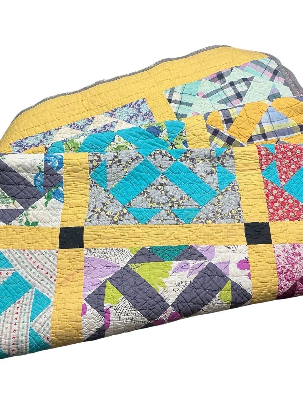 Vintage hand stitched colorful propeller pattern yellow sash quilt 70 x 80 USA